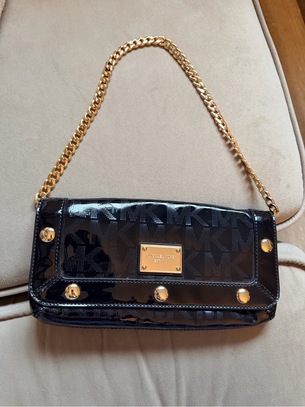 Michael Kors Black Patent Logo Clutch with Gold Chain